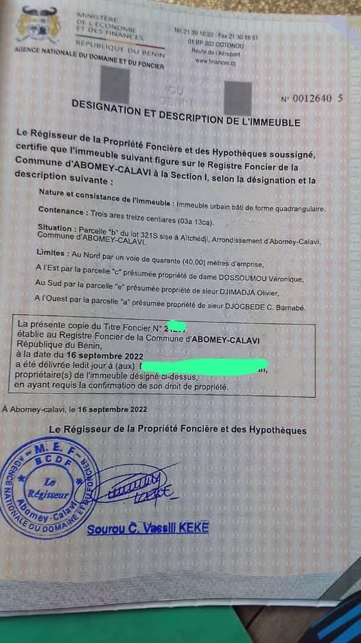 Terrain avec Titre Foncier à Vendre